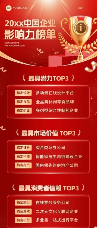 企业年终各行业排行榜红金风长图海报