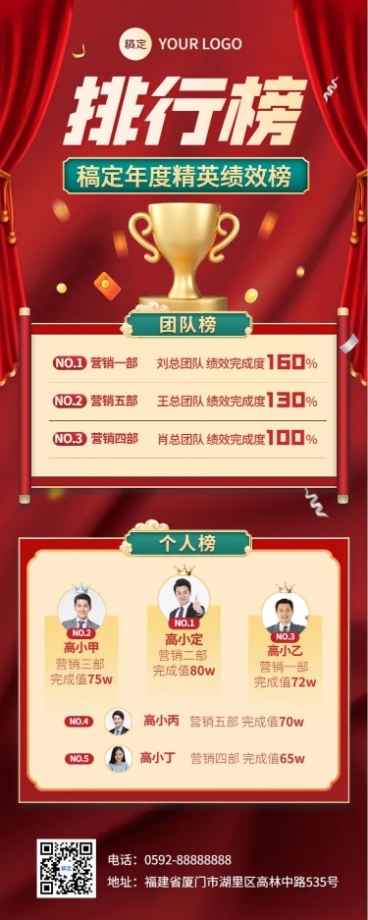 企业员工绩效排行榜红金风长图海报预览效果