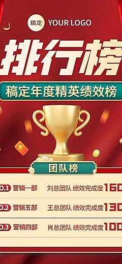 企业员工绩效排行榜红金风长图海报