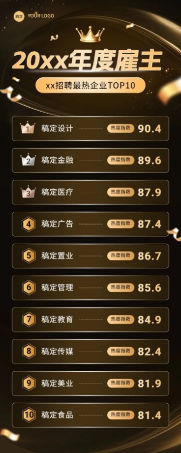 企业年终企业各行业排行榜黑金风长图海报预览效果