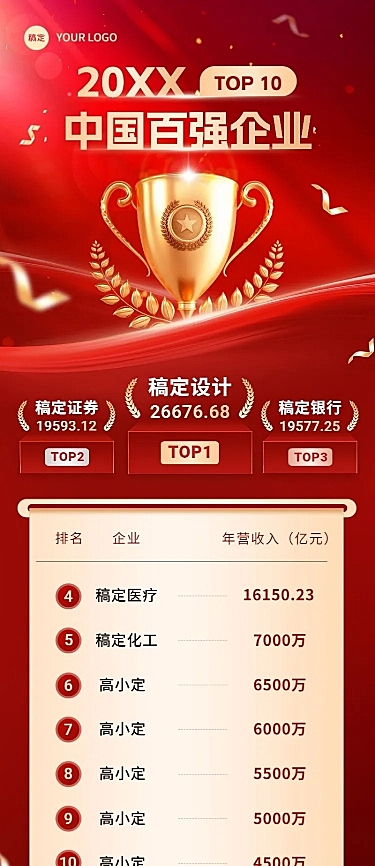 企业年终各行业排行榜红金风长图海报