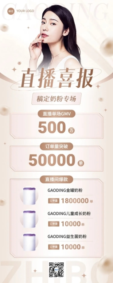 母婴微商直播销售战报业绩喜报长图海报轻奢感预览效果