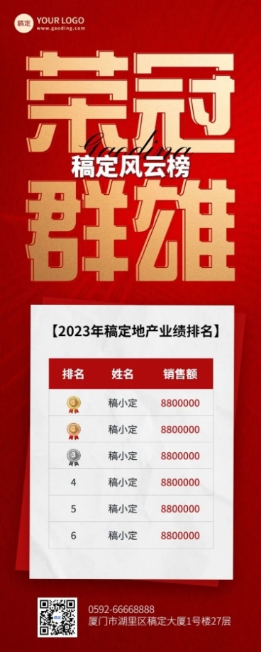 地产销售中介业绩红金喜报排行榜长图海报预览效果