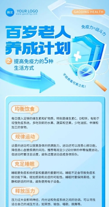 医疗保健民生健康养生知识科普长图海报水晶玻璃风3D护盾
