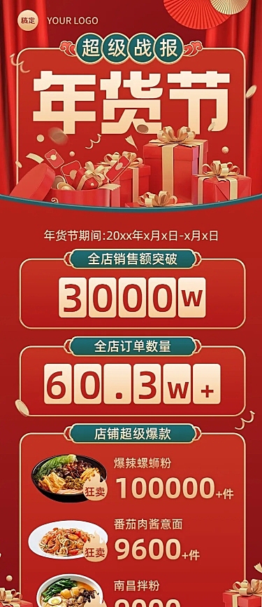 年货节食品微商餐饮门店销售战报销量喜报长图海报