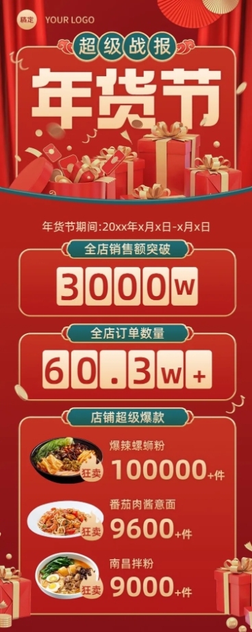 年货节食品微商餐饮门店销售战报销量喜报长图海报预览效果