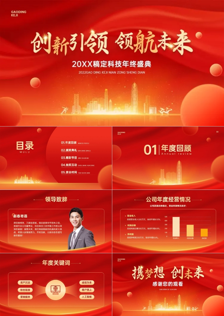 点击进入编辑 企业年会晚会表彰颁奖流程红金风PPT套装预览效果