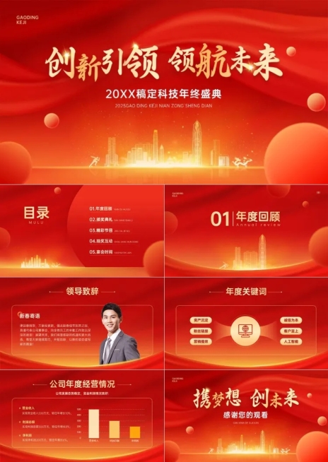 企业年会晚会表彰颁奖流程红金风PPT套装预览效果