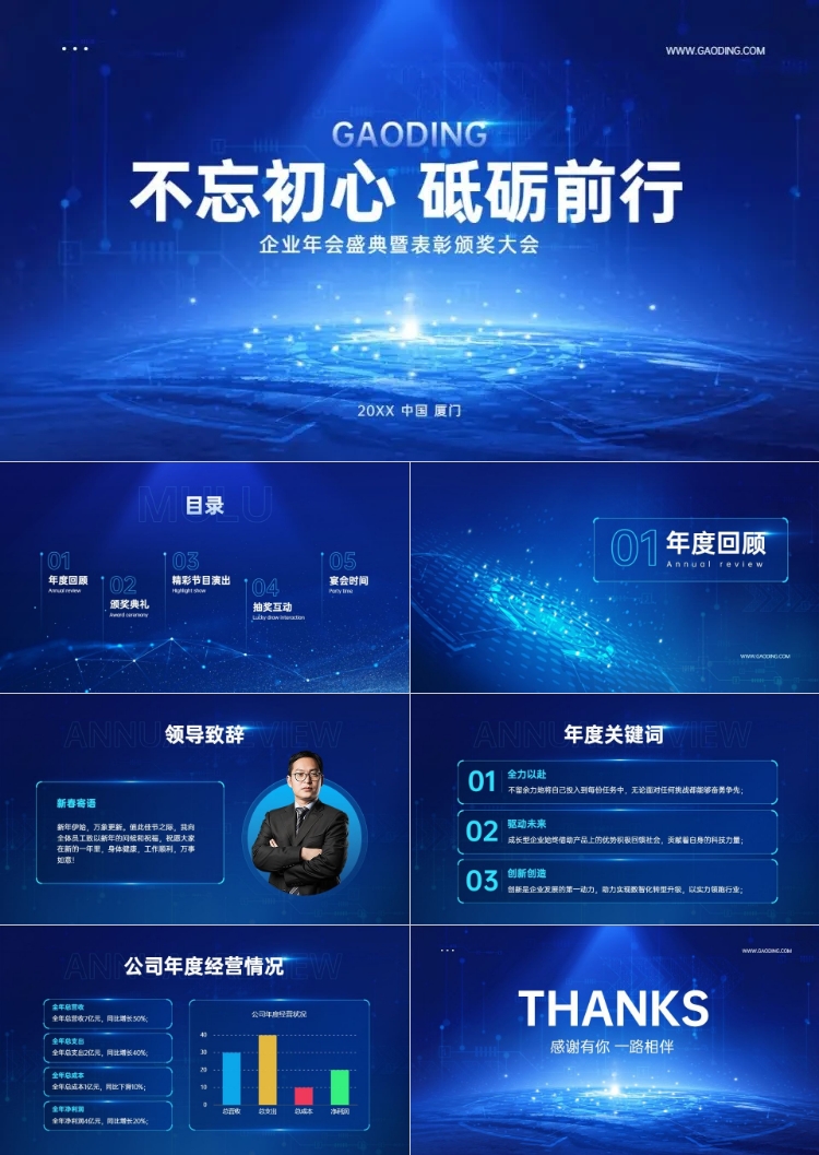 点击进入编辑 企业年会晚会表彰颁奖流程科技风PPT套装预览效果