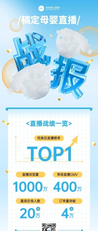 母婴微商季度总结直播战报产品销量数据喜报长图海报3D字体水晶玻璃风