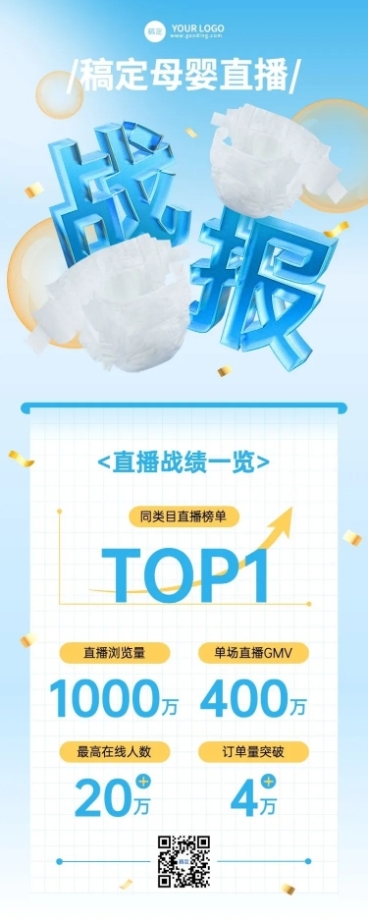 母婴微商季度总结直播战报产品销量数据喜报长图海报3D字体水晶玻璃风预览效果