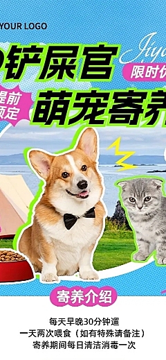 宠物门店寄养服务介绍长图海报几何多巴胺拼贴风