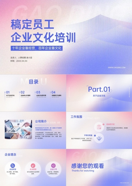 企业员工文化培训简约高级渐变PPT套装预览效果
