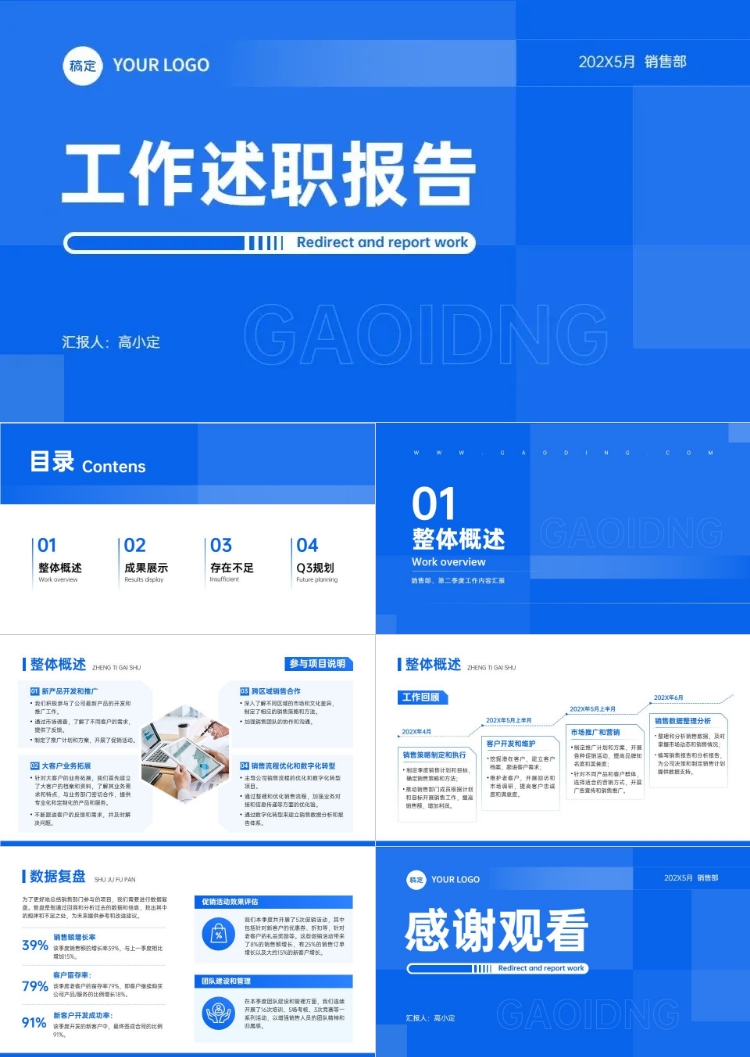 点击进入编辑 企业工作述职汇报商务几何风PPT套装预览效果