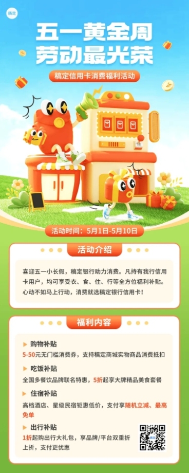 五一劳动节金融银行信用卡节日活动营销橡皮管动画风长图海报套装预览效果