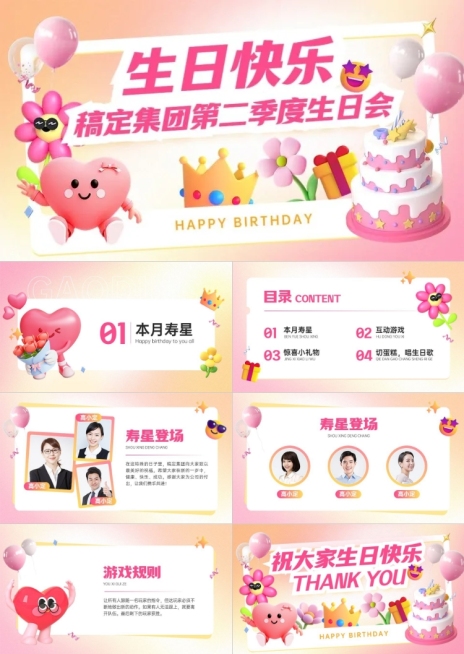 企业员工生日活动趣味感PPT套装AIGC预览效果