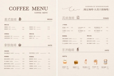 餐饮咖啡店门店物料价格表菜单