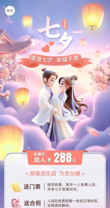 七夕情人节旅游出行景区景点门票促销长图海报AIGC