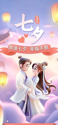 七夕情人节旅游出行景区景点门票促销长图海报AIGC