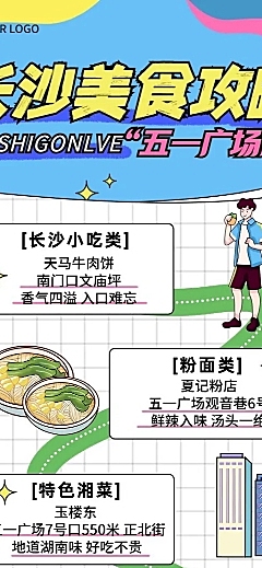 旅游出行长沙美食攻略指南线描插画风长图海报