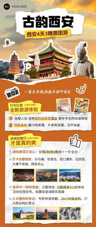 旅游出行西安线路营销宣传潮流感拼贴画风长图海报AIGC