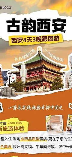 旅游出行西安线路营销宣传潮流感拼贴画风长图海报AIGC