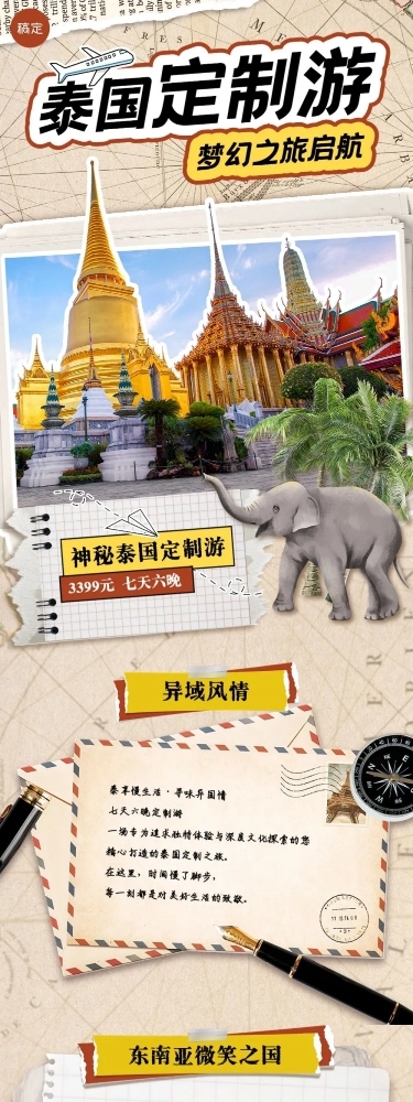 旅游出行OTA平台旅行社定制旅行线路营销复古风文章长图AIGC
