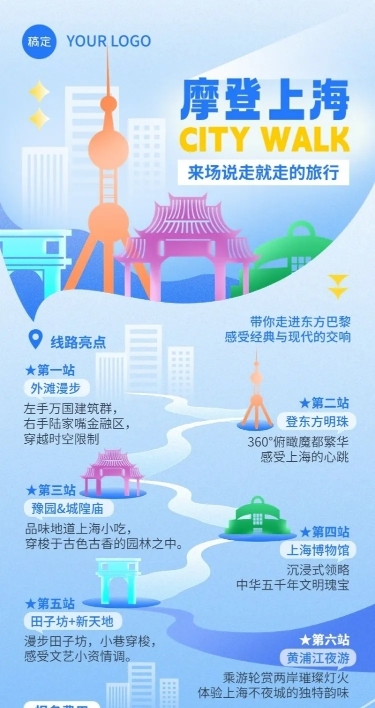 旅游出行上海旅游景区景点线路营销宣传长图海报