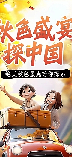 秋日出游旅游出行3D风公众号文章长图AIGC