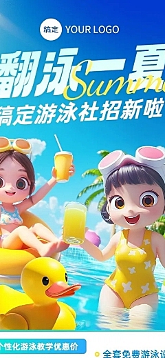 教育培训ll游泳培训班招生宣传3D长图海报