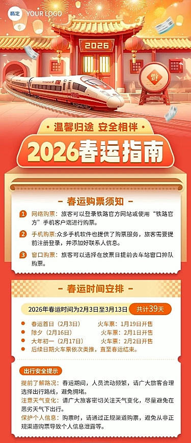 春节春运抢票攻略指南长图海报