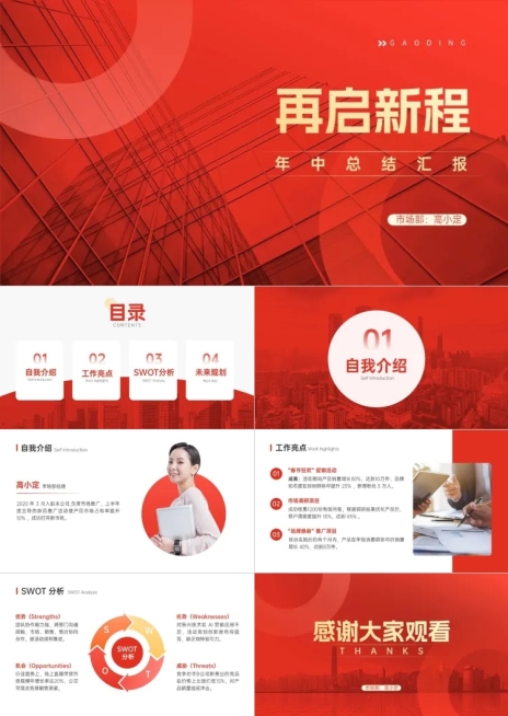 年中总结工作红色商务感PPT套装AIGC预览效果
