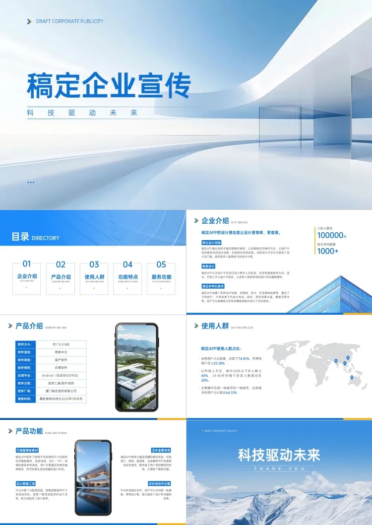 总结汇报企业宣传蓝色商务PPT套装AIGC预览效果