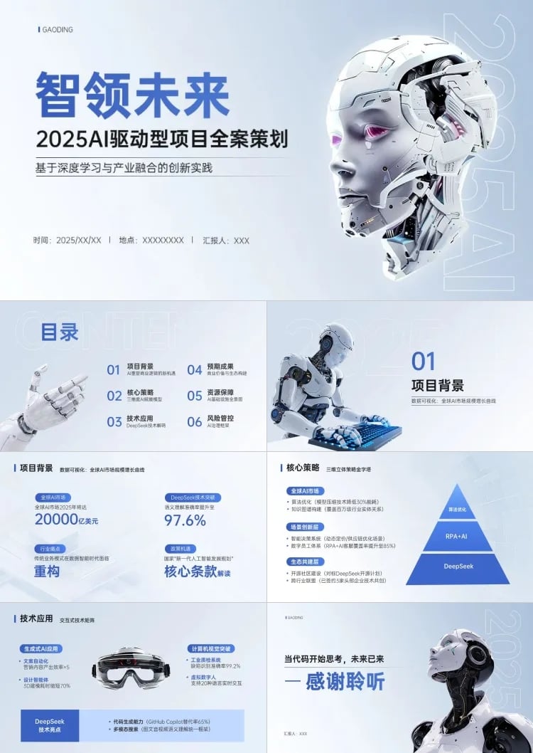 点击进入编辑 蓝色AI人工智能项目汇报科技感PPT套装AIGC预览效果