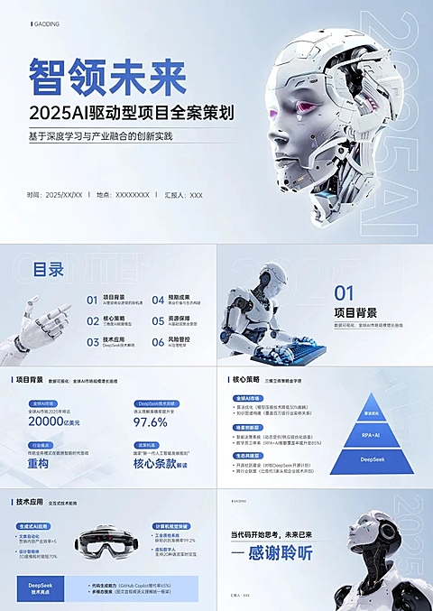 蓝色AI人工智能项目汇报科技感PPT套装AIGC