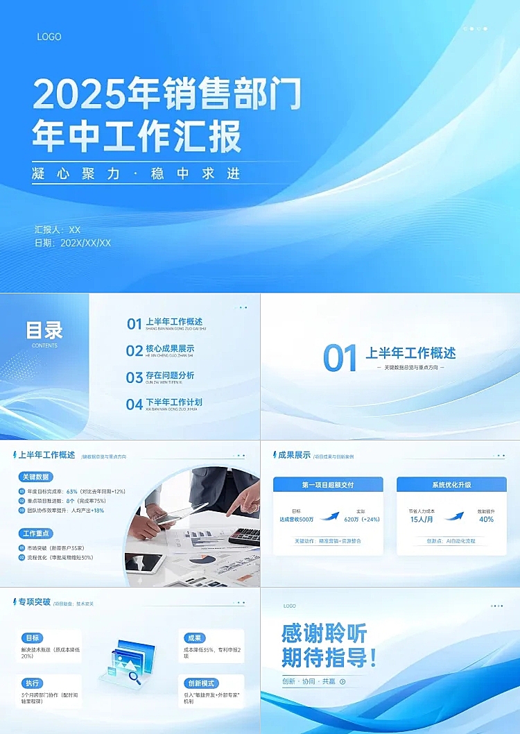 年中总结工作汇报蓝色清透商务感PPT套装AIGC