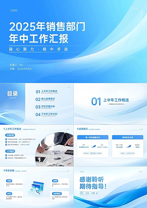 年中总结工作汇报蓝色清透商务感PPT套装AIGC