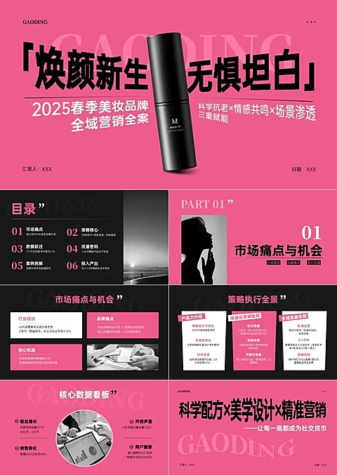 美妆护肤品牌粉色活动方案时尚感PPT套装AIGC