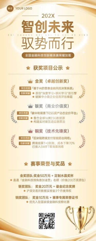 金色科技感获奖名单奖项喜报长图海报AIGC