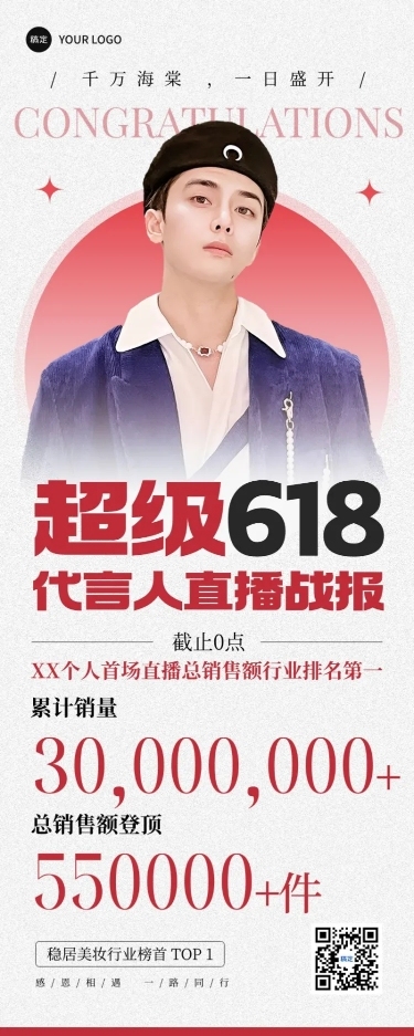 618直播代言人销售额喜报战报扁平简约带人像长图海报
