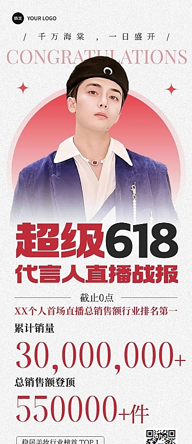 618直播代言人销售额喜报战报扁平简约带人像长图海报