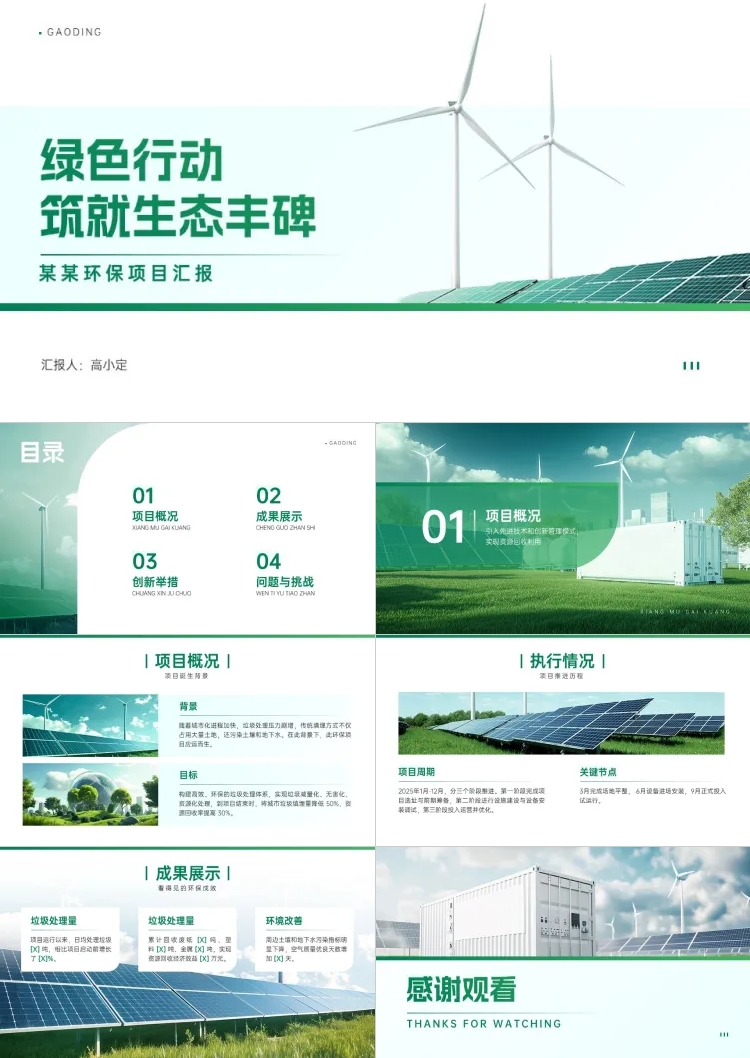 点击进入编辑 项目汇报总结绿色环保风车PPT套装AIGC预览效果