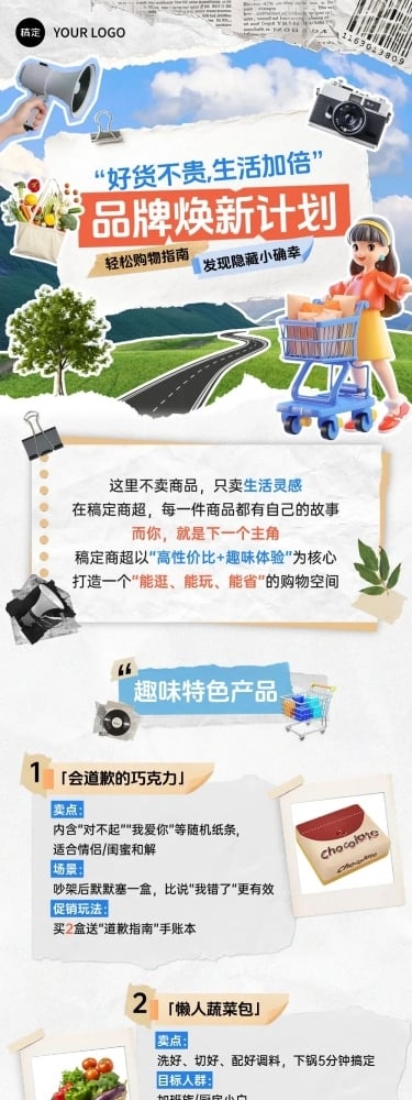 商超品牌推广撕纸拼贴风文章长图aigc