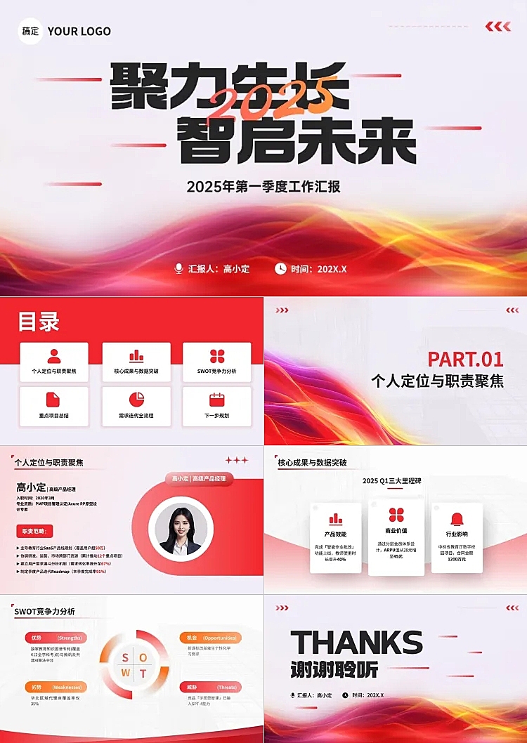 工作汇报年中总结红色商务感PPT套装AIGC