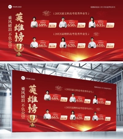 高考喜报英雄榜光荣榜红金图文排版风采展示展板aigc