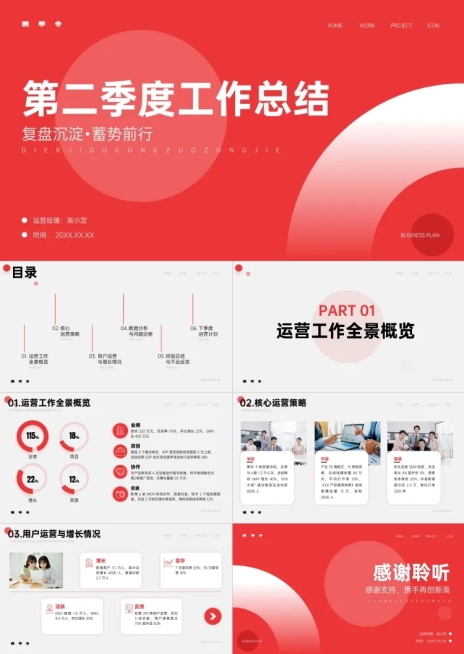 红色商务风年中总结工作汇报PPT套装AIGC预览效果