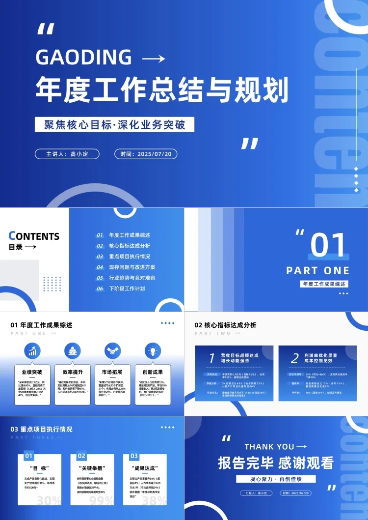 点击进入编辑 蓝色商务时尚渐变总结汇报年中复盘PPT套装AIGC预览效果