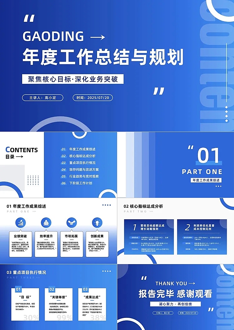 蓝色商务时尚渐变总结汇报年中复盘PPT套装AIGC
