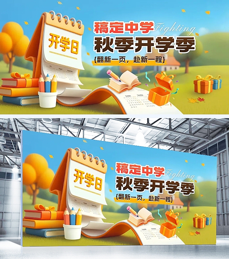 秋季开学季教育培训开学活动宣传卡通感展板AIGC