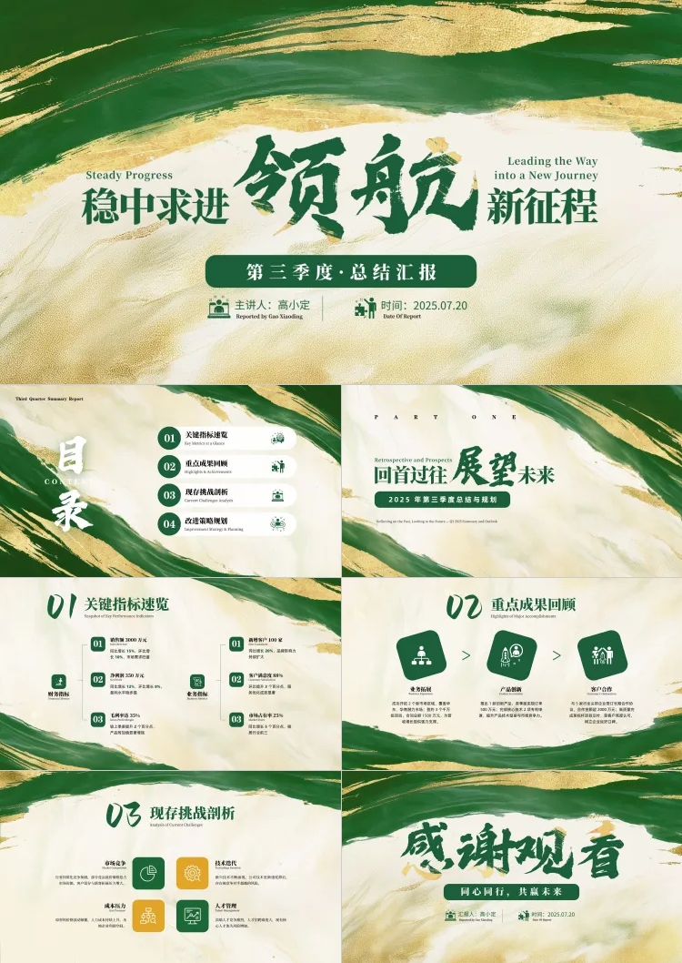点击进入编辑 绿色鎏金风年中总结汇报PPT套装AIGC预览效果